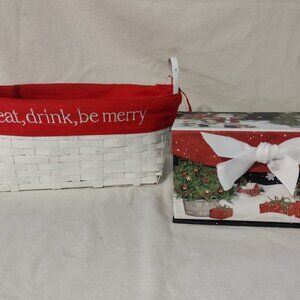 LOT OF 2 - Red White Basket W/Handles & Santa Storage Box